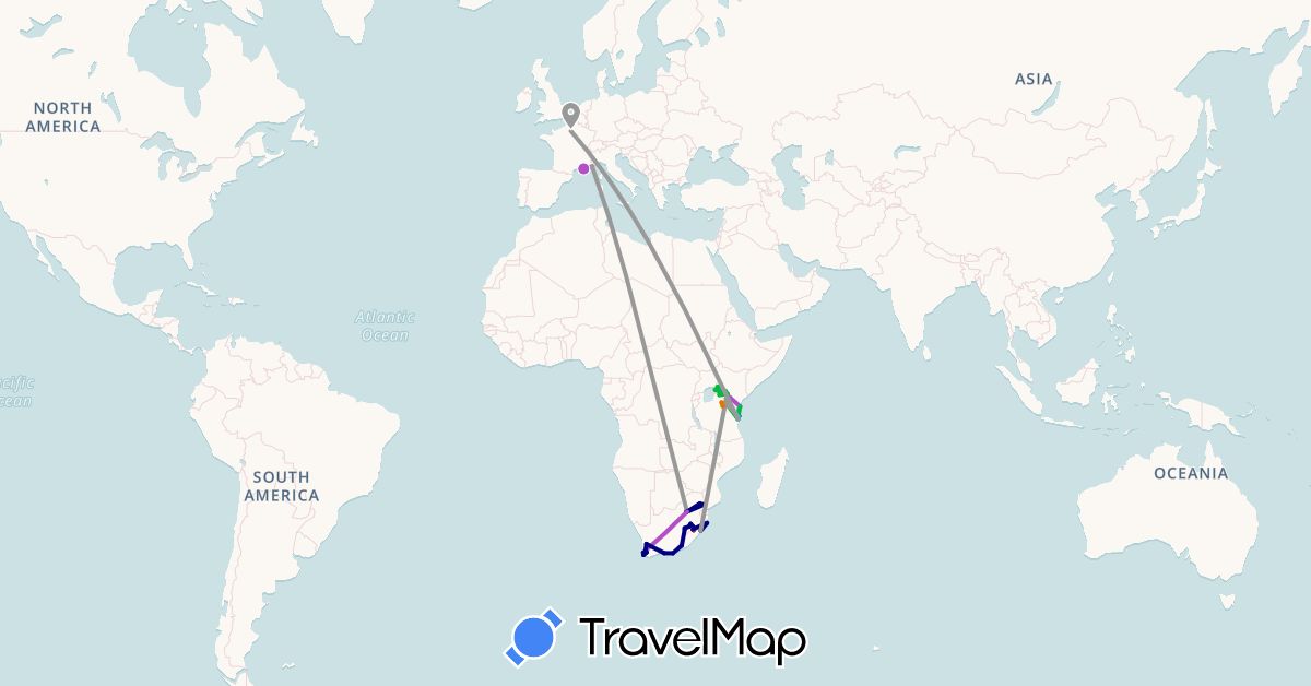 TravelMap itinerary: driving, bus, plane, train, hiking, boat, motorbike, 4x4 in France, Kenya, Lesotho, Tanzania, South Africa (Africa, Europe)